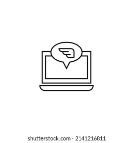 Computer, internet and communication concept. Modern monochrome sign in flat style. Suitable for web sites, stores, books etc. Line icon of wing inside of speech bubble on laptop monitor 
