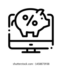 Computer Internet Deposit Vector Thin Line Icon. Online Transactions, Secure Financial Internet Banking Payment Operation Linear Pictogram. Moneybox Percent Pig Contour Illustration