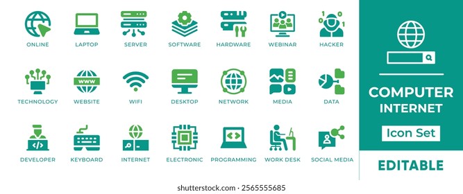 Computer Internet Icon Set. Features editable icons for computer symbols, internet, online, laptop, server, work desk, and social media. Perfect for tech companies, websites, and presentations.