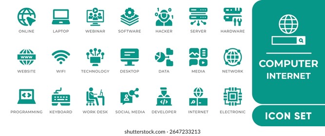 Computer Internet Icon Set. Features icons of laptops, browsing, Wi-Fi, cloud, data transfer, and networks. Perfect for websites, tech apps, and digital services.
