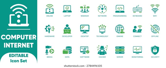 Computer Internet Icon Set. keyboard, programming, server, network, software, media, desktop, computer, website, hacker, illustration, and solid icons.