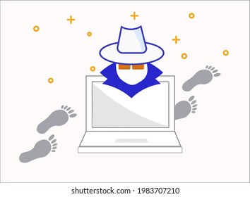 el icono de Internet en el ordenador rastrea al hombre en el sombrero