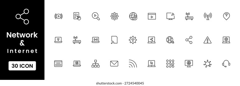 Computer and internet icons set, digital network and online symbols, clean flat vector technology icons for software and web