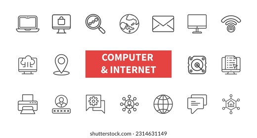Iconos de Internet y computadora. Juego de iconos de línea. Computadora, red, internet. Ilustración vectorial de concepto de computadora