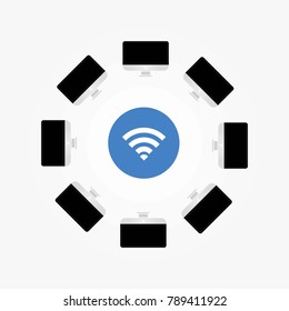 computer internet network connected to wifi intranet technology with desktop computers connected for business and website use vector eps10 