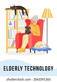Computer and internet network technology for elderly people concept of banner or card, flat vector illustration. Poster with senior woman using tablet at home.