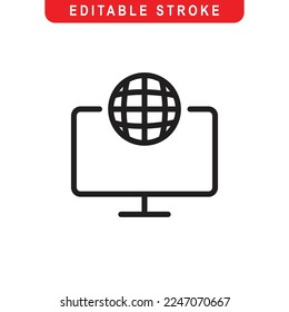 Computer with Internet Outline Icon. Monitor with Internet Line Art Logo. Vector Illustration. Isolated on White Background. Editable Stroke