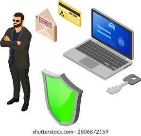Computer Internet and Personal Data Security Computer Cyber Internet and personal Data security Protection banner. Laptop with Shield security guard Login and Fingerprint Form. VPN antivirus hacking concept isometric isolated vector illustration