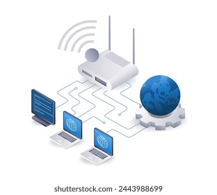 Computer internet router usage network concept, flat isometric 3d illustration