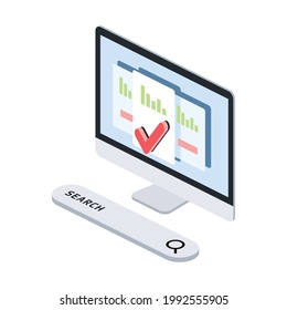 Computer internet search, checkmark selection. Vector 3d symbol, isometric, color web icons, new flat style. Creative design idea, concept for infographics.