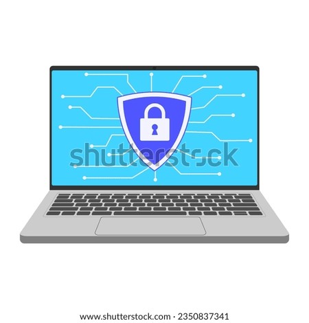 Computer internet security. Traffic encryption, VPN, privacy antivirus protection hack, blue background shield, design, vector, flat style.