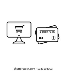Computer or Internet, shopping cart place on screen with credit card. Flat simple design. Line Vector. Isolate on white background.