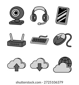 Computer and internet technology icon set with webcam, headset, smartphone, router, keyboard, mouse and cloud storage. Digital devices, communication hardware, network equipment, cloud storage elements pack