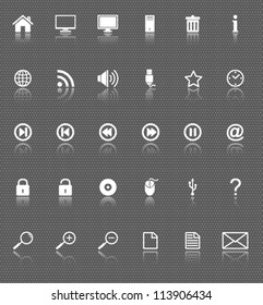 computer and internet web icons set with reflection on dark background