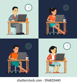 Computer internet work concept with people in office and home. Young man and woman sitting at the computer desk with laptop and working