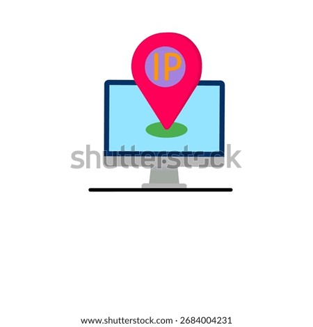 Computer with IP address location pin icon. Concept of IP tracking, geolocation, cybersecurity, digital identity, and online privacy.