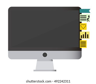 Computer isolated with sticky notes in different formats and colors in white background