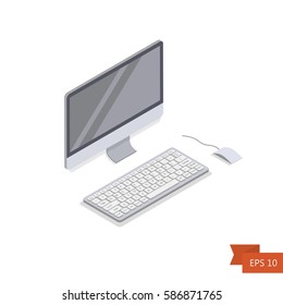 Computer isometric icon. Vector. Isometric white PC monitor with keyboard button and mouse. Isolated on white. Easy to edit illustration. Flat simple style.