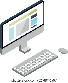 Computer isometric icon. Workspace monitor with keyboard and mouse