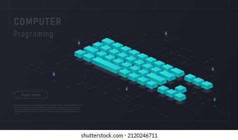 Computer isometric keyboard. Abstract pictures, modern technologies and digital world. Stylish graphic elements for landing page. IT and programmers, innovations. Volumetric vector illustration