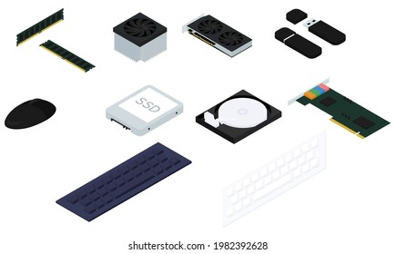 Computer isometric parts vector graphic hardware illustration isolated on white.