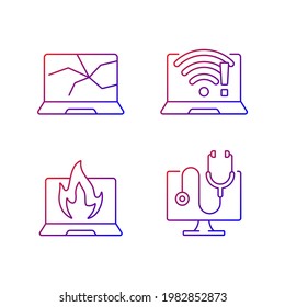 Computer issues gradient linear vector icons set. Crashed monitor, broken display. No wifi. Burning notebook. Thin line contour symbols bundle. Isolated vector outline illustrations collection