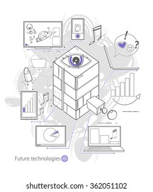 Computer items. Monitors tablets and phones. Modern communications. Modern infographics.