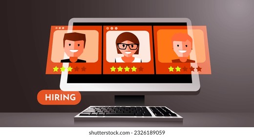 Computer with job candidate analysis. HR concept. Vector illustration