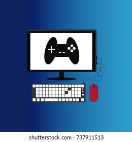 Computer with joystick icon on the screen. Degraded background. Vector illustration.