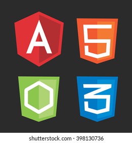 Computer js framework shields angular, node, css, html. Vector illustration for computer programming, code development