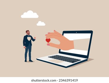 Computer keeps shape of heart. Love, instinct and romance concept. Businessman was hollowed out of the heart. Flat vector illustration.