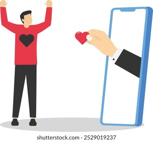 La computadora mantiene la forma del corazón. Amor, instinto y concepto romántico. El hombre de negocios fue vaciado del corazón. Ilustración vectorial plana.

