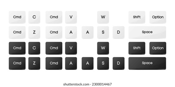 Computerschlüsselkombinationen. Set von Tastenkombinationen. Symbole der Befehlsauswahl. Taste für die Computertastatur eingestellt. Vektorgrafik.