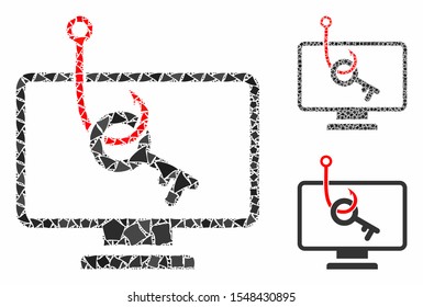 Computer key phishing mosaic of tuberous elements in various sizes and shades, based on computer key phishing icon. Vector rugged pieces are composed into collage.
