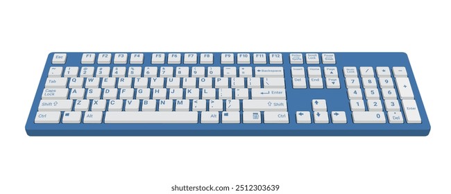 Visão frontal 3d do teclado do computador em azul e branco ilustração de vetor realista isolado no fundo branco, eps