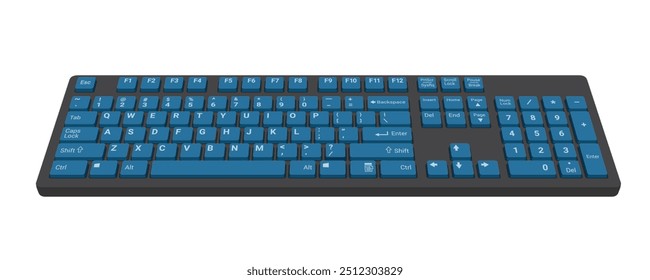 Computer Keyboard 3d front view in color black and blue realistic vector illustration isolated on white background, eps