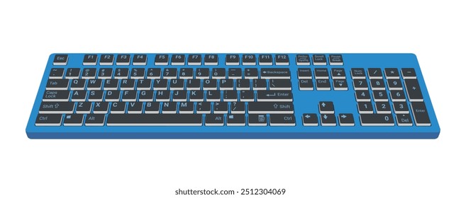 Computer Keyboard 3d front view in color blue and black realistic vector illustration isolated on white background, eps