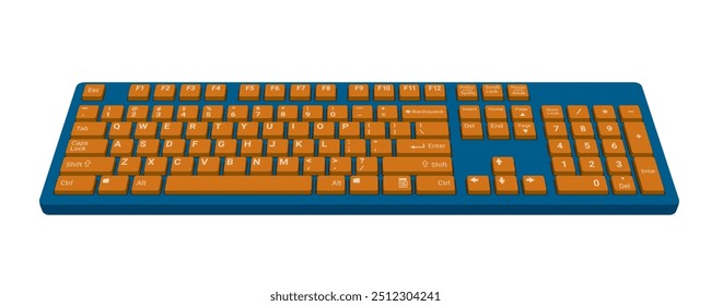 Computer Keyboard 3d front view in color blue and orange realistic vector illustration isolated on white background, eps