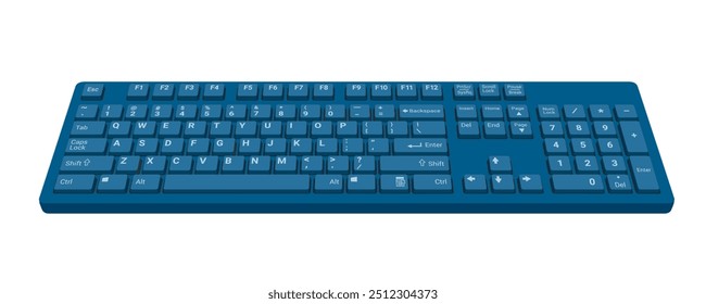 Visão frontal 3d do teclado do computador na ilustração de vetor realista azul colorida isolada no fundo branco, eps