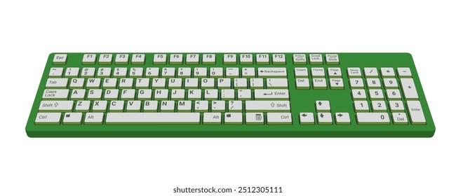 Visão frontal 3d do teclado do computador em verde e branco ilustração vetor realista isolado no fundo branco, eps