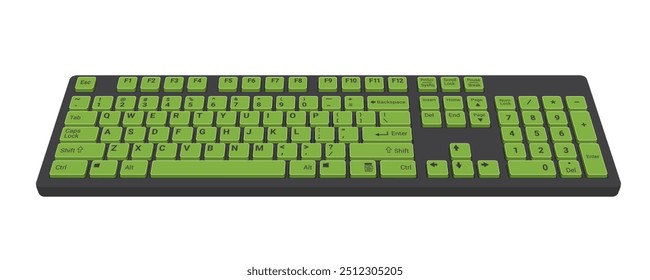 Computer Keyboard 3d front view in color black and green realistic vector illustration isolated on white background, eps