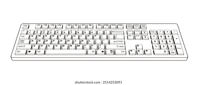 Computer Keyboard 3d front view Outline black on white, vector illustration isolated on white background, eps