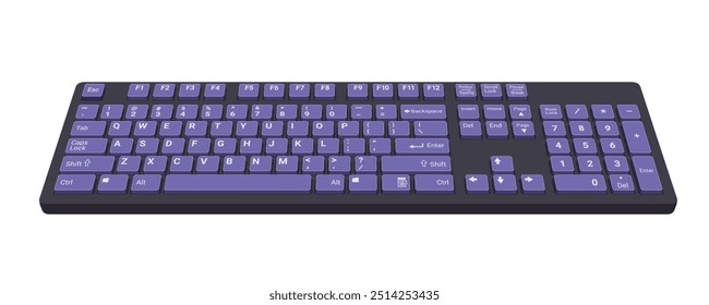 Computer Keyboard 3d front view in color black and purple realistic vector illustration isolated on white background, eps