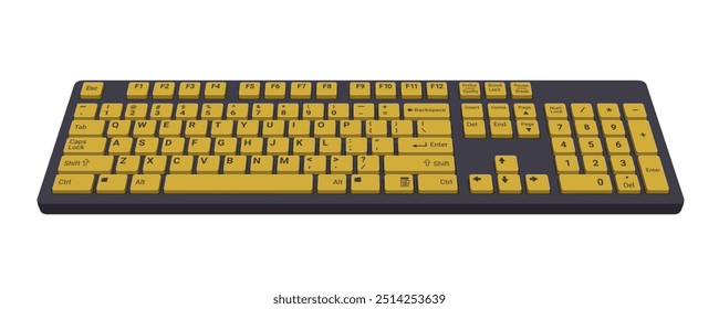 Computer Keyboard 3d front view in color black and gold realistic vector illustration isolated on white background, eps