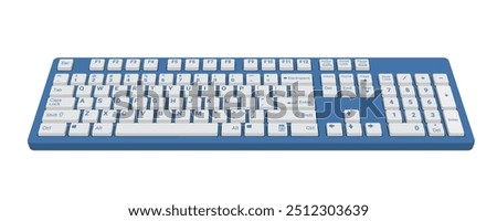 Computer Keyboard 3d front view in color blue and white realistic vector illustration isolated on white background, eps