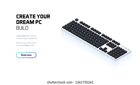 Computer keyboard 3d realistic isometric illustration, personal computer hardware components, custom gaming and workstation accessories, pc store and service