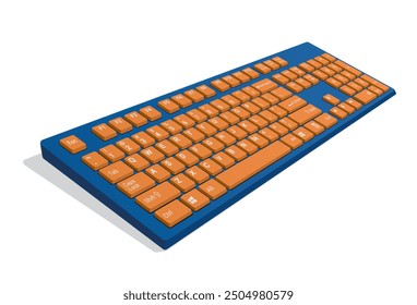 Computer Keyboard 3d view in color blue and orange, realistic vector illustration isolated on white background, eps