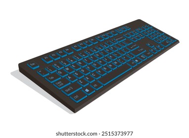 Visão 3d do teclado do computador em cor combinado azul por preto, ilustração vetor realista isolado no fundo branco, eps