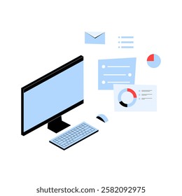 Computer With Keyboard And Analytics Dashboard In Flat Vector Illustration Symbolizing Data Analysis, Digital Workflow, And Online Business, Isolated On White Background