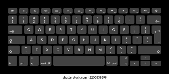 Computer keyboard. Black keyboard entry set with letters and numbers. Vector isolated mockup. Black buttons with letters and numbers. Vector illustration.